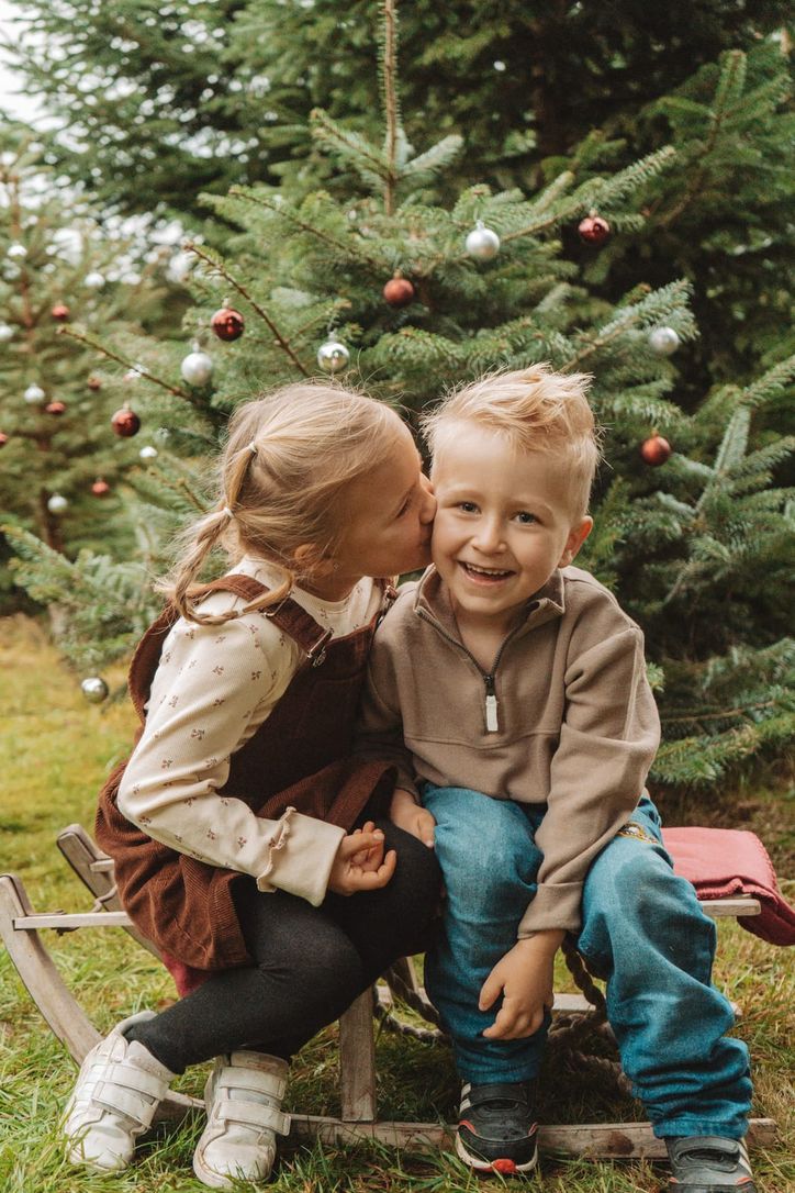 Kleines Mädchen küsst ihren lachenden Bruder auf dem Schlitten vor dem Christbaum