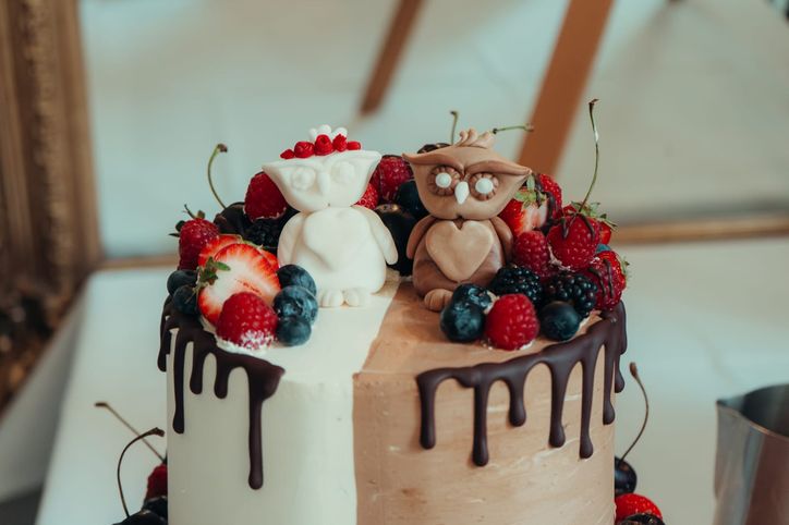 Zweifarbige Hochzeitstorte mit Beeren, Schokoladendrip und Fondant-Eulenfiguren