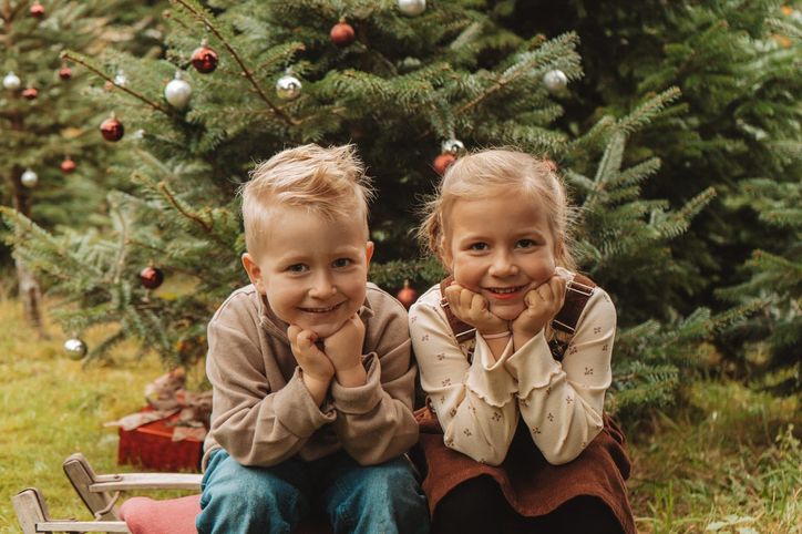 Geschwister lächeln nebeneinander mit dem Kinn auf den Händen vor dem Weihnachtsbaum